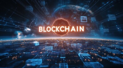 A bright blockchain forms in space with data streams flowing around it while Earth is visible in the background. The scene is full of digital connections