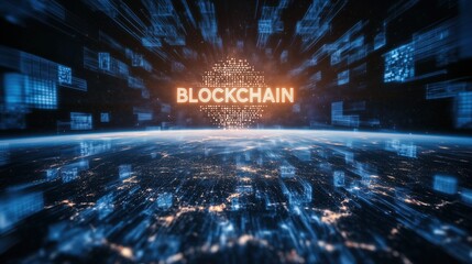 Scene displays blockchain technology glowing in space with Earth visible in the background during night, highlighting a digital future