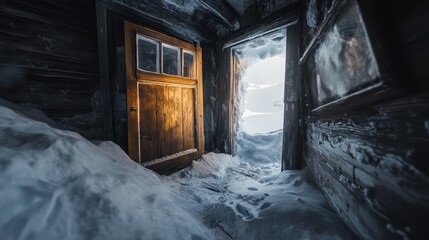 An abandoned wooden structure is buried in snow. The door is half open, and cold air fills the space. Light shines through the opening. Ice surrounds the area