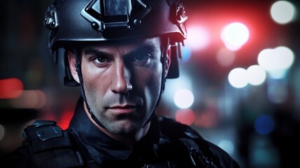 A French male SWAT officer prepares for action in black tactical gear at night with city lights in the background. The atmosphere is tense and focused