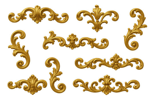 Golden baroque ornament set with vintage filigree swirls on a transparent background, decorating frames and borders