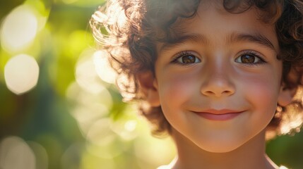 Fototapeta premium A young boy stands outdoors with a happy expression, enjoying the warm sunlight filtering through green leaves in a natural setting