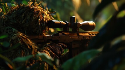 Close-up view of a sniper in a ghillie suit aimed at a target, well camouflaged among green foliage in a dense forest during daylight hours