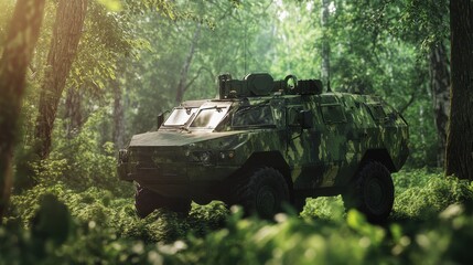 Fototapeta premium An armored vehicle moves through thick trees and plants in a forest. The vehicle is designed to blend in with its surroundings and is on a mission