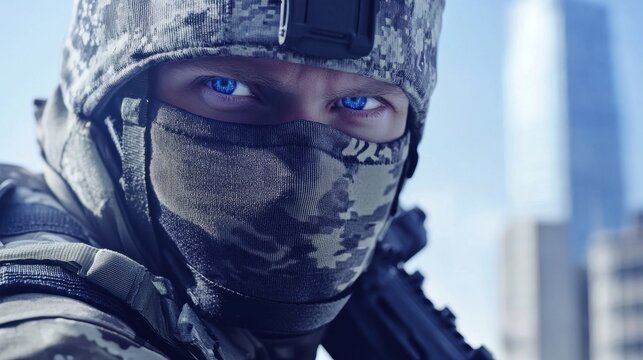 British SAS commando in tactical mask is positioned in an urban area, holding a weapon and scanning the surroundings for threats in broad daylight