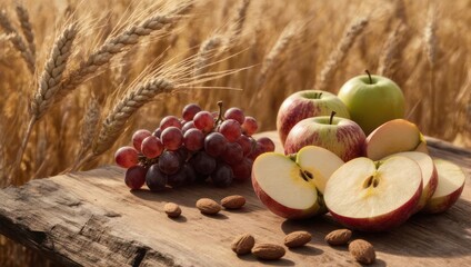 Fresh Apples Grapes and Almonds on a Wooden Table with Wheat Stalks in Background.