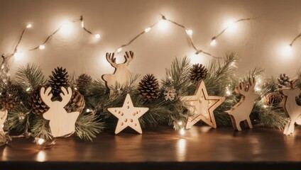 Festive Christmas Garland with Lights and Wooden Decorations.