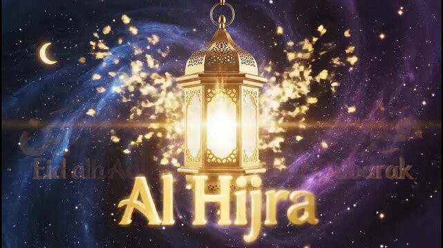 Islamic New Year Al Hijra Celebration with Glowing Lantern and Festive Lights