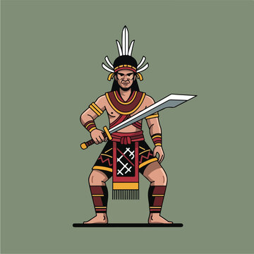 Dayak Warrior with Traditional Sword and Headdress.