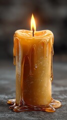 Hyperrealistic burning candle melting slowly with wax rivers flowing, flame showing passage of time, cinematic lighting creating deep contrast, dramatic and moody atmosphere with detailed textures.
