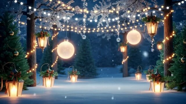 a cozy winter village shines brightly with festive Christmas lights, festive scene, festive background, Christmas ambience background, Christmas background videos, Holiday Stock Footage