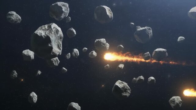 A flaming comet flying through an asteroid field　小惑星帯を高速で通過する燃える彗星の様子　フルHD　動画