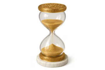 Hourglass with golden sand falling through glass timer, measuring time concept, isolated on transparent background