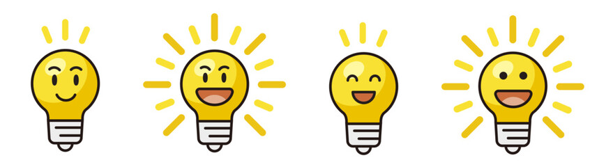 電球のアイコンセット。顔があるランプ。アイディアを思いついたときの表情。Light bulb icon set.