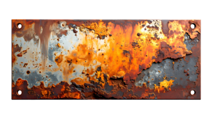 Weathered rectangular metal plate, heavily rusted with bolt holes against black