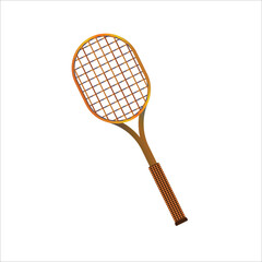 A vintage brown and orange tennis racket with a patterned grip on a white background