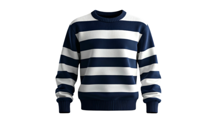 A knitted, striped navy and white sweater isolated on black