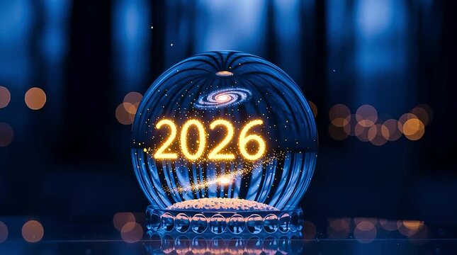 Glowing 2026 crystal ball with galaxy inside on dark background