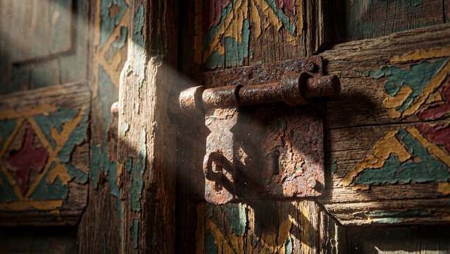 Close up of rusty antique iron handle on old Najdi wooden door - Powered by Adobe