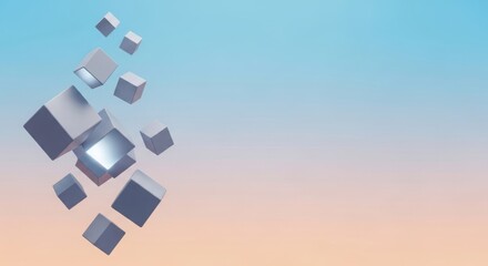 Grey cubes floating in pastel blue and orange gradient sky