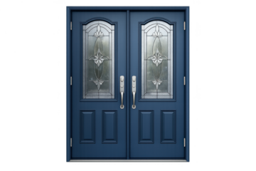Double entrance door with blue panels and ornate stained glass inserts, representing home, security, and welcome, transparent background