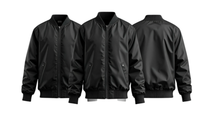 Three black bomber jackets displayed, front and back, against a solid black background