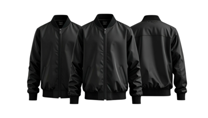 Black bomber jackets presented front, side, and back views. On a black background