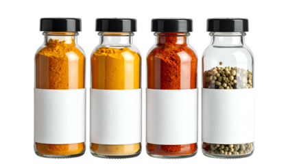 Four glass bottles filled with various vibrant spices, each with a black lid