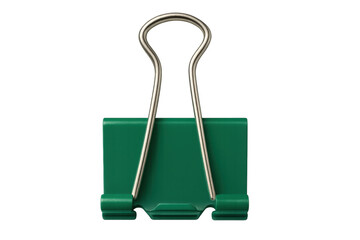 Green binder clip holding paper for organization, displaying office stationery supply, document clasping tool with metal handle