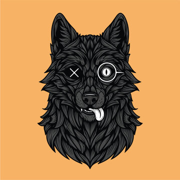 Stylish Black Wolf with Monocle and XEye Illustration.
