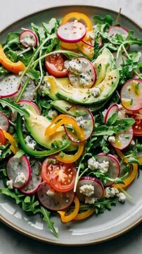Gesunder Rucolasalat mit Avocado, Radieschen, Paprika, Tomate und Roquefort