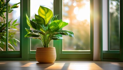 Fototapeta premium a vibrant green potted plant adds a touch of nature to any indoor space creating a refreshing atmosphere