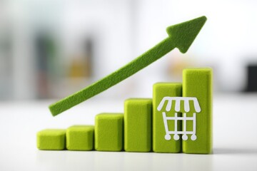 Green growth chart with shopping cart icon, symbolizing rising market trends in commerce