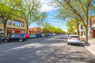 Fototapeta premium The historic turn of the century, tree lined Main Street of shops and cafes through the town of Moscow, Idaho.