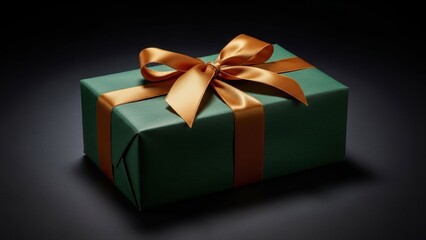 Obraz premium Elegant green gift box wrapped with a satin gold ribbon on dark background