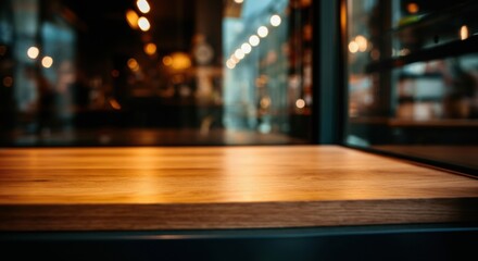 Empty wooden table surface with blurred cafe background and warm bokeh lights