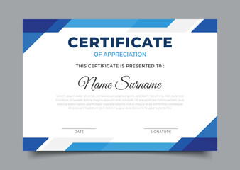 Business certificate template with blue geometric border frame design decoration