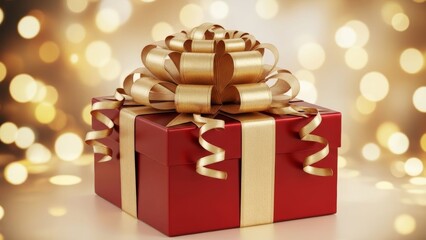 Elegant red gift box adorned with gold ribbon and intricate bow with festive