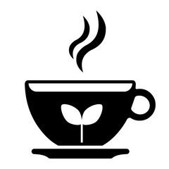 Hot cup of herbal tea with leaves and steam rising on a saucer Black Icon Vector