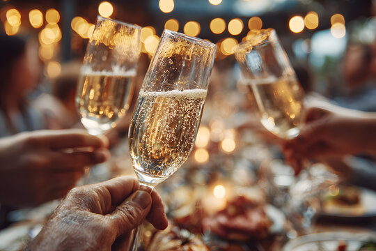 Success, hands or toast in a party for goals, winning deal or new year at luxury social event celebration. Motivation, team work or people cheers with champagne drinks or wine glasses at dinner gala