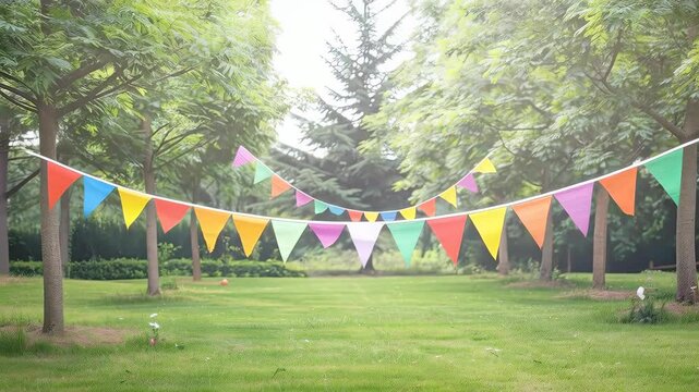 Festive Flags in Green: A vibrant string of colorful flags flutters in the breeze, strung across a serene green space between trees, painting a picture of joyful celebration.