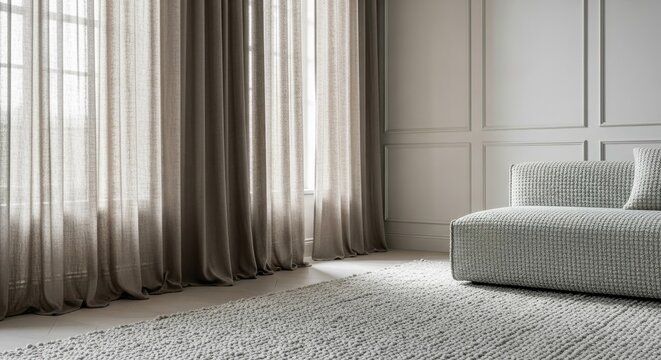 Textural contemporary space featuring nubby wool rug and linen drapes