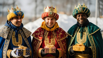 Three diverse men with a joyful mood dressed as the Biblical Magi holding gifts against a snowy winter backdrop