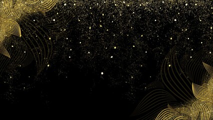 Gold glitter star particles form a shimmering bright on a dark isolated background for overlays