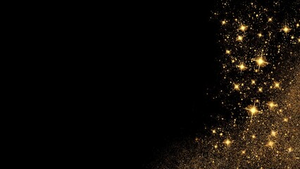 Gold glitter star particles form a shimmering bright on a dark isolated background for overlays