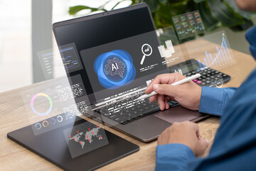 Business Forecast Financial Growth Trends, Businessman Presenting Digital Dashboard with Corporate Growth Projection, Export Performance, Long-Term Financial Plan, Investment Strategy, Market Analysis