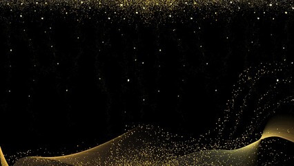 Gold glitter star particles form a shimmering bright on a dark isolated background for overlays