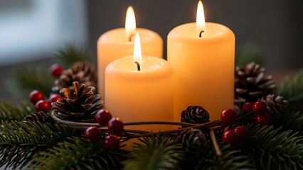 Festive Advent Wreath with Lit Candles, Pinecones and Red Berries