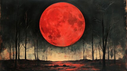 Vibrant Red Full Moon Illuminates Dark Forest Landscape Under Starry Night Sky