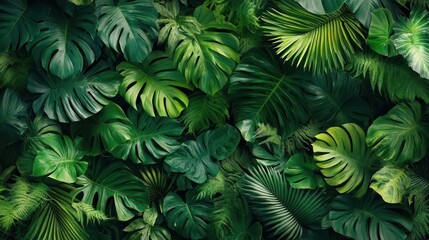 Fototapeta premium Lush Tropical Rainforest Canopy With Diverse Green Leaves And Sunlight Filtering Through In A Vibrant Ecosystem